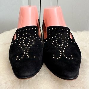 Escada Gold Tone Studs Loafers Suede Leather Black Shoes Size 7B